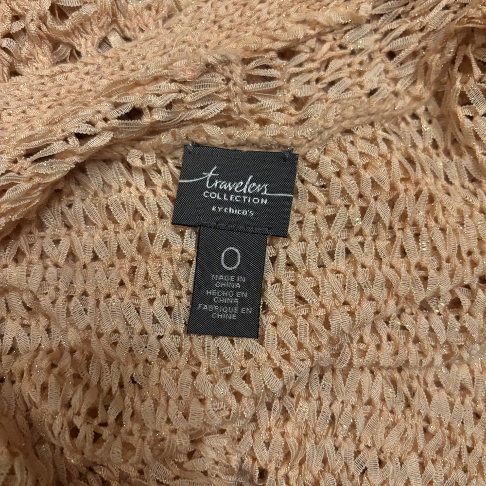Chico's Travelers Metallic Crochet Fringe Open Front Cardigan Peach Sz 0 S - Picture 3 of 5